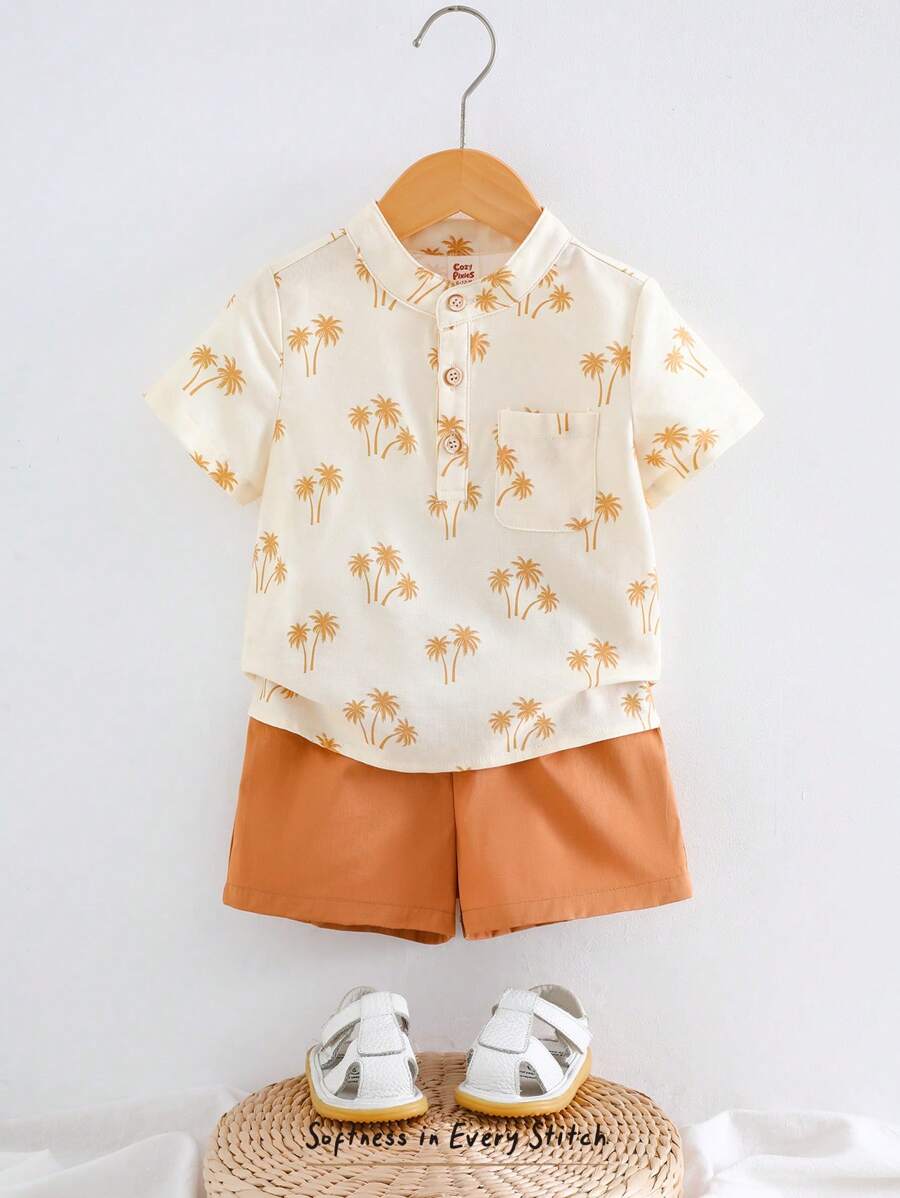 Cozy Pixies 2pcs Toddler Boy Cartoon Coconut Tree Short Sleeve Polo Collar Pullover Top And Solid Color Elastic Waist Shorts Set