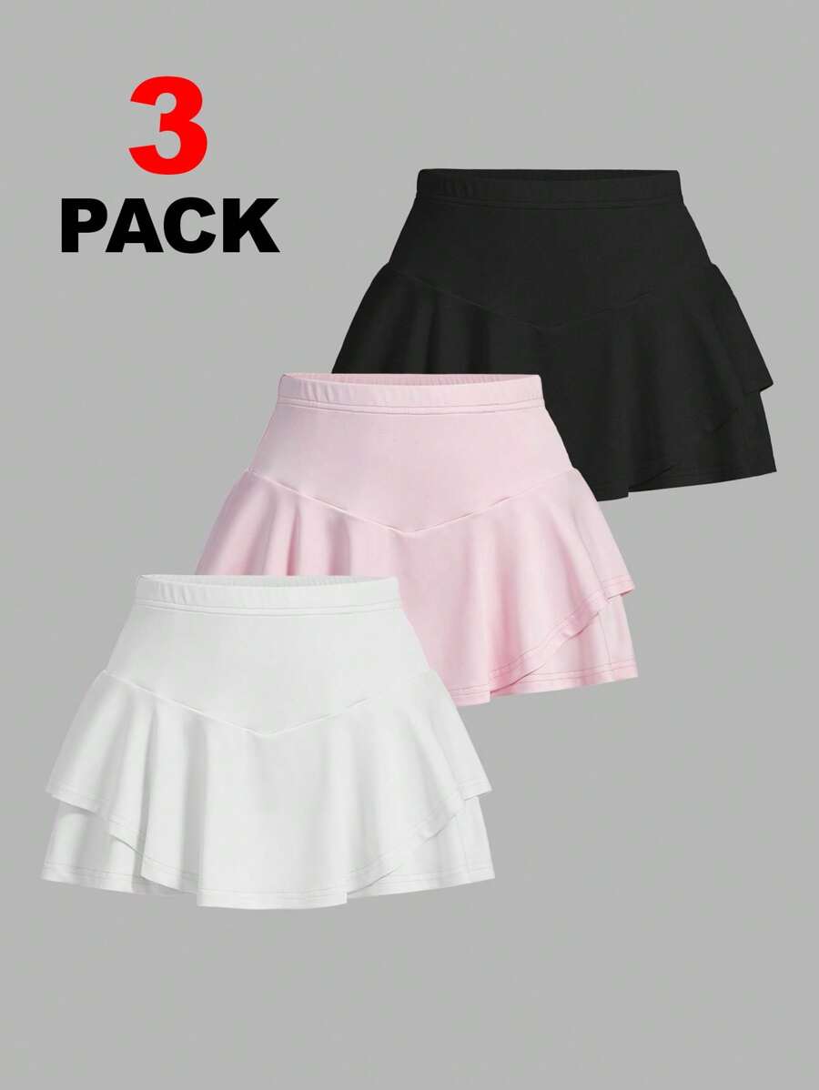 SHEIN PETITE Set sportivo da donna in 3 pezzi: gonna pantalone plissettata a tinta unita fluida