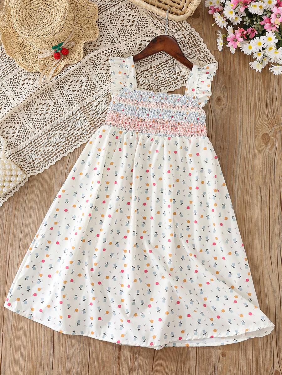 SHEIN Girls' Casual Princess Style Floral Print Dress, Beige