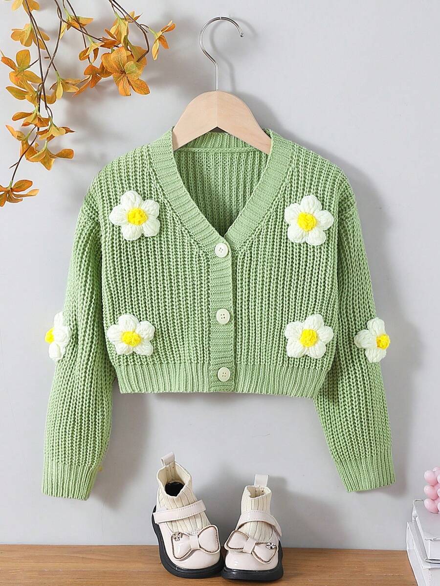 SHEIN Young Girl 3D Floral Decor Long Sleeve Casual Cardigan, Autumn/Winter