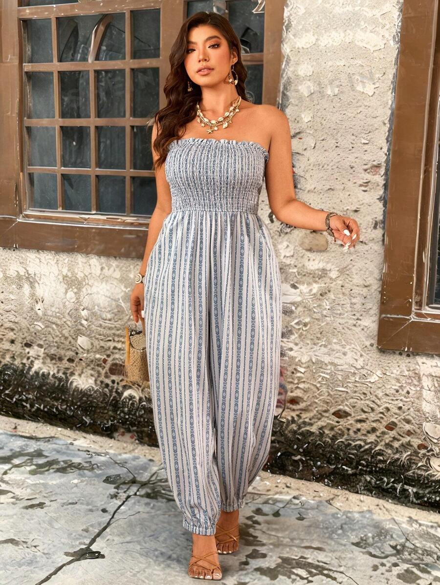 Breezaya Mono de pierna ancha tipo hombros descubiertos estilo bohemio para tallas grandes