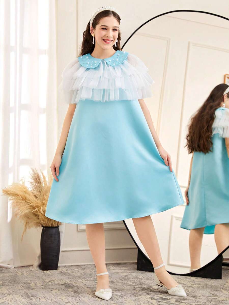 2pcs/Set Teen Girl Tiered Mesh Shawl Collar Beaded Sleeveless Satin Dress