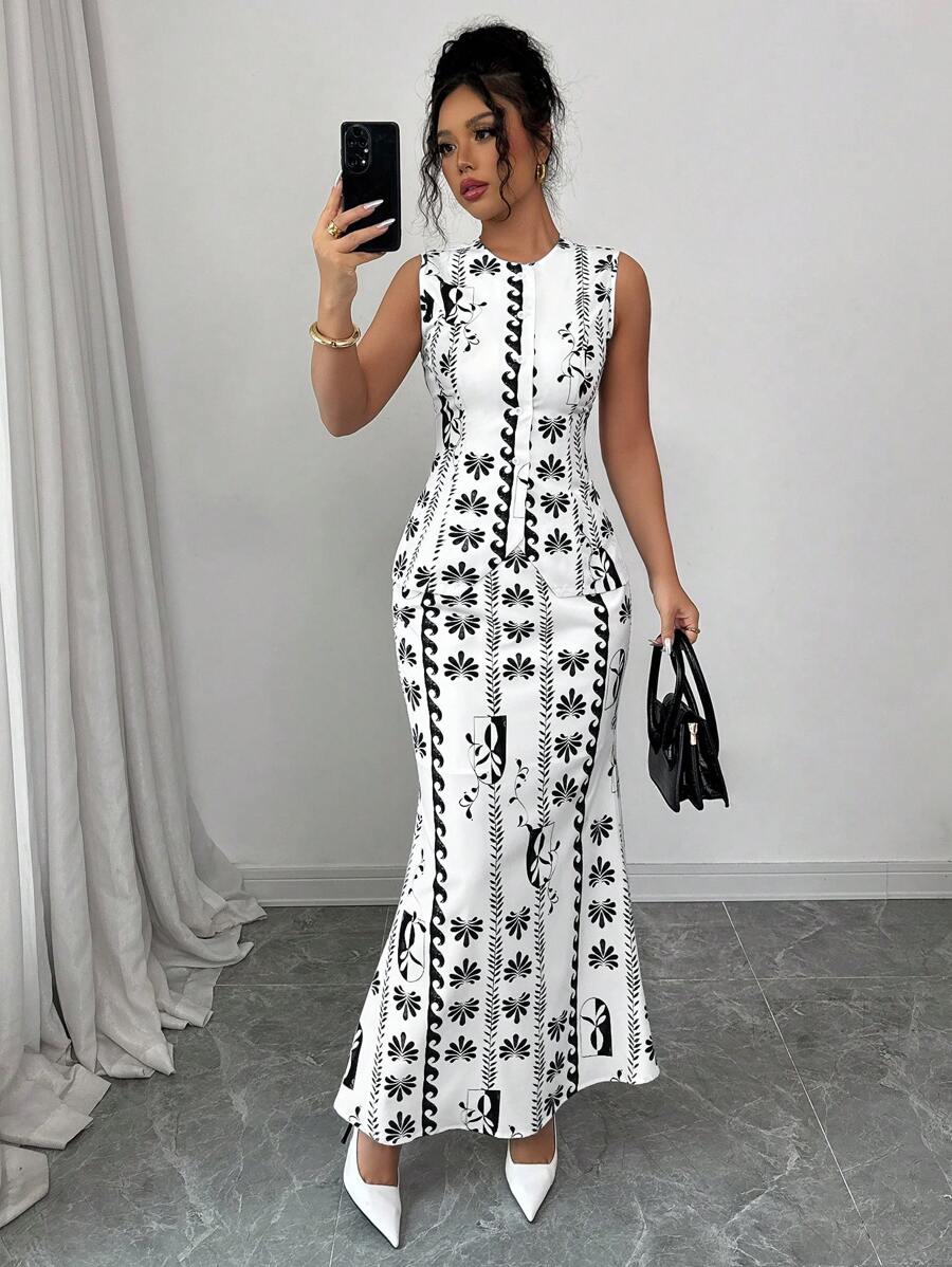 Elenzga Women Blue & White Flower Elegant Sleeveless Bodycon 2 Pieces Set