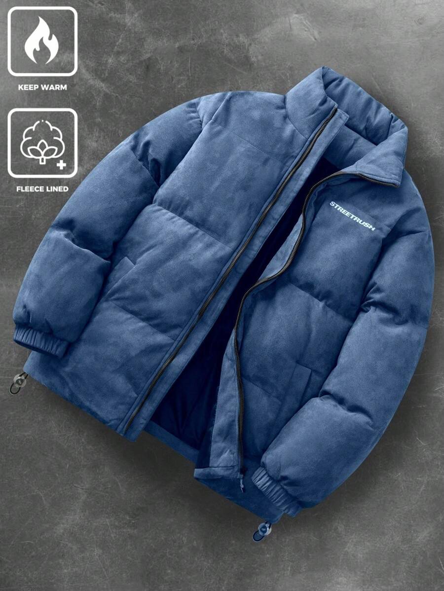 Manfinity Streetrush Men's Simple Letter Print Front Zip Long Sleeve Casual Jacket,Fall Men Clothes,Men Winter Coat,Solid Color Plus Fleece Warm Winter Coat