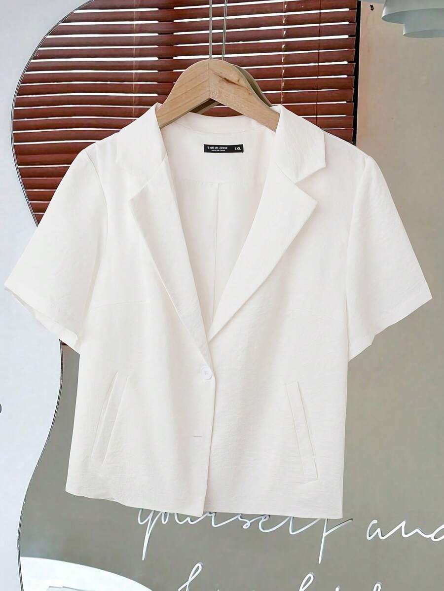 Flirla Plus Size Solid Color Open Front Button Flap Pocket Short Sleeve Blazer