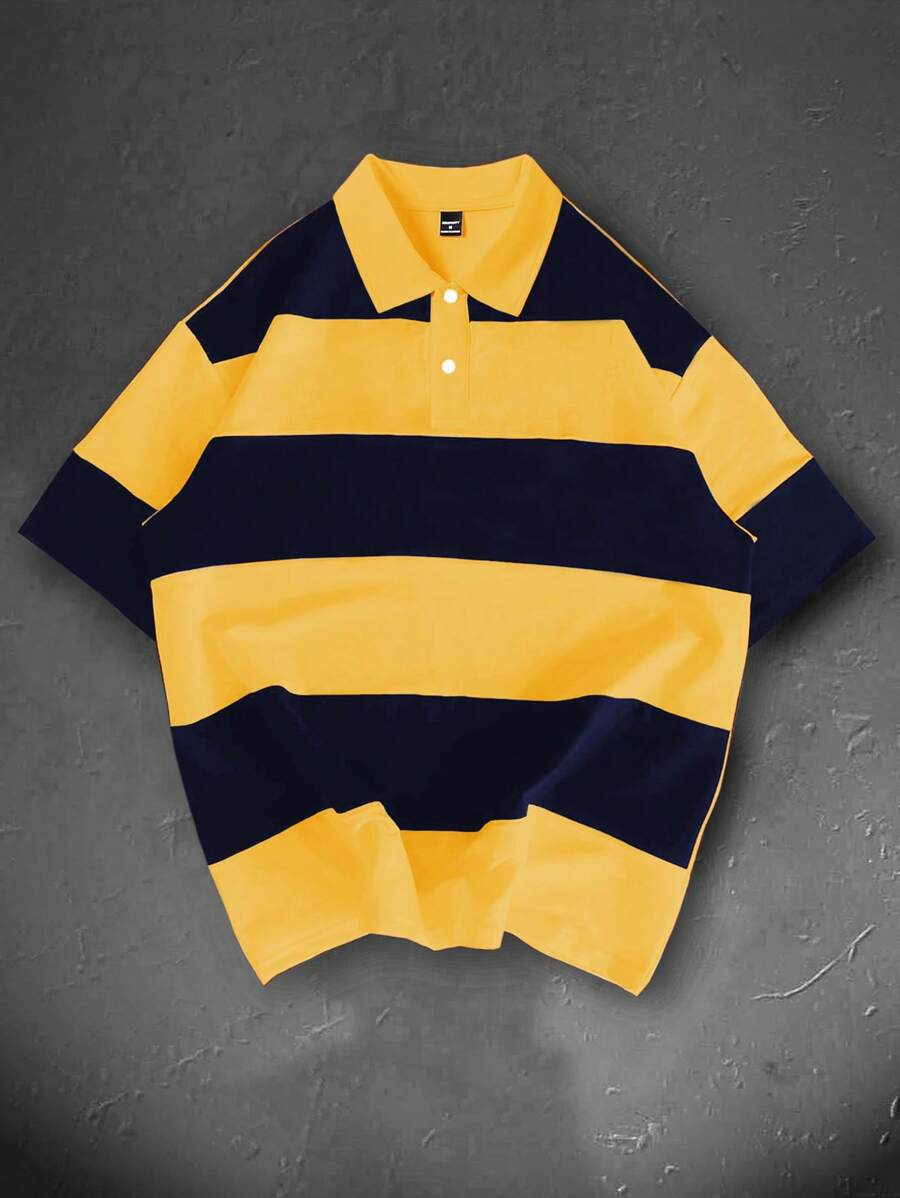 Manfinity Homme Camisa polo casual, de manga corta y holgada, con estampado de rayas para hombres, regalo para el novio, para todas las estaciones