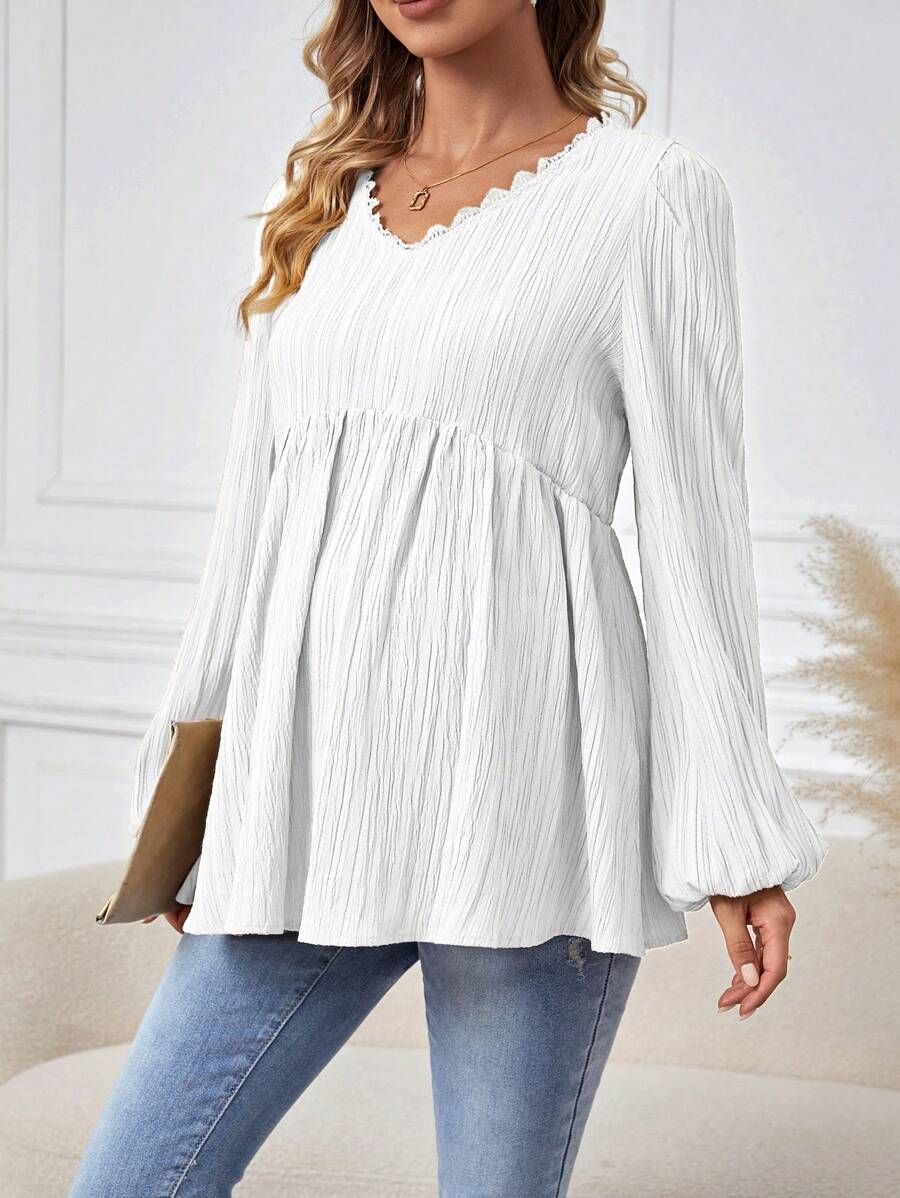 SHEIN Maternity Solid Color Contrast Lace V-Neck Long Sleeve Casual Ruffle Hem Blouse