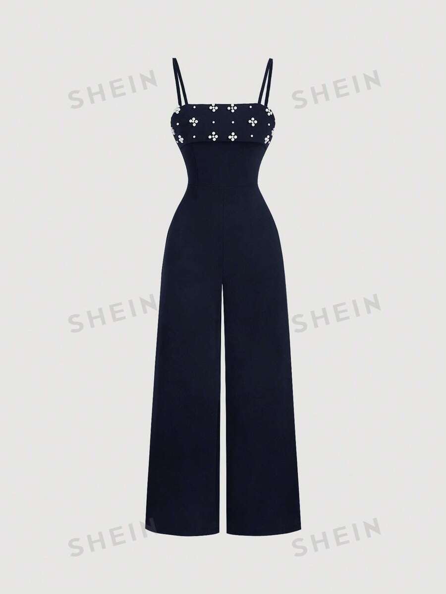 SHEIN MOD Mono de pierna ancha elegante, de lujo y de color azul marino con diseño de perlas para mujer, mono de mujer para otoño/invierno, para salir, ir al trabajo, graduación, boda, concierto