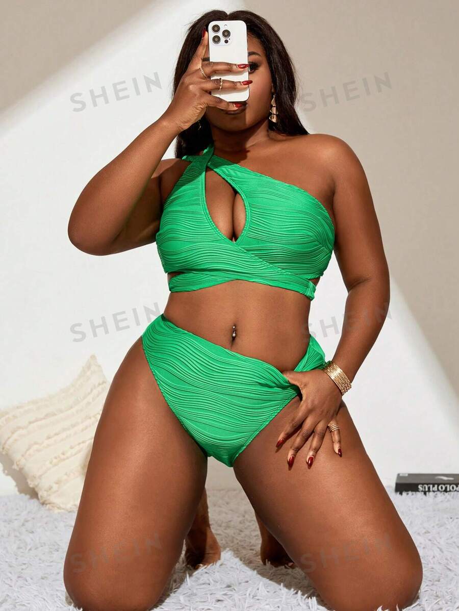 1 pieza Traje de baño con tirantes cruzados delanteros calados y sin mangas para mujer de talla grande, uso casual para playa y vacaciones