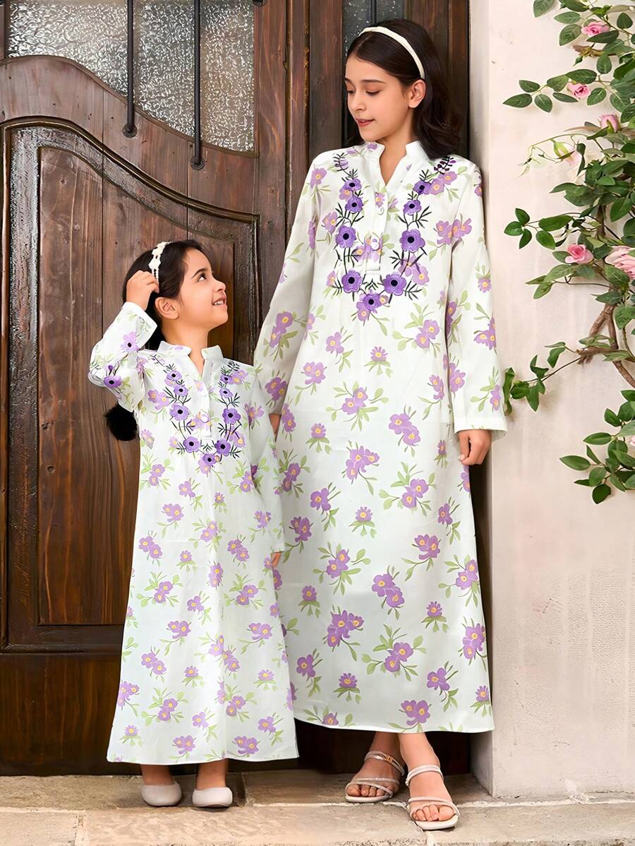 SHEIN 1 pièce Robe à manches longues avec col en V à motif floral imprimé numérique pour préadolescente, convient pour rester à la maison, assortiment de tenues pour frères et sœurs (2 pièces vendues séparément)