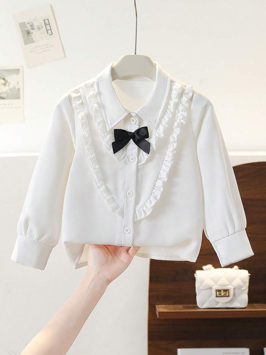 Jong meisje' Elegante frisse ivoorkleurige kanten rand contrasterende kleur strikkraag lange mouwen overhemd met knopen, college stijl, geschikt voor dagelijks casual, school, reizen, vakantie, lente/herfst