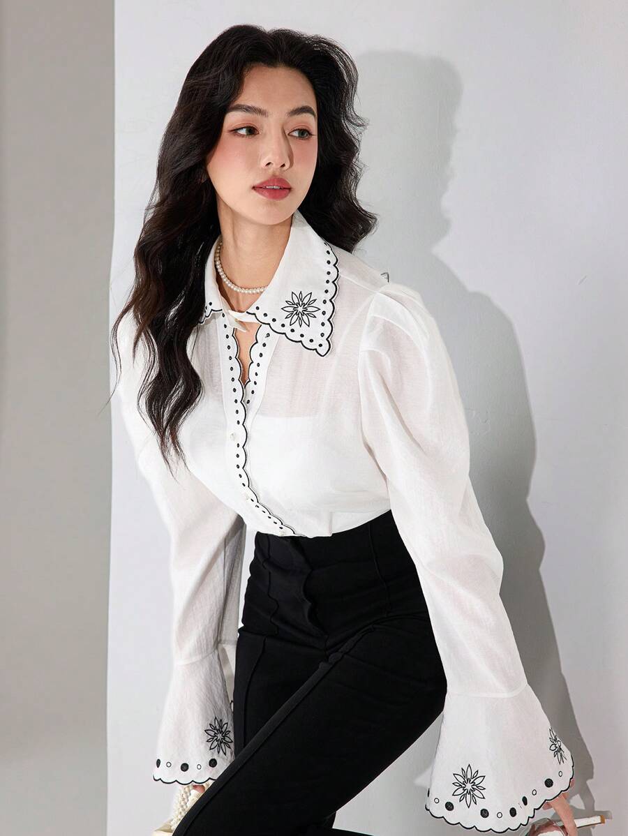 Modelyn Women's Hollowed-Out Collar, Scallop Trim, Bell Sleeve, Pearl Button, Embroidered Blouse