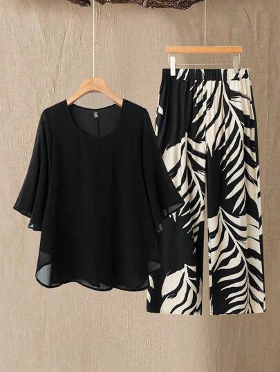 EMERY ROSE 2pcs Plus Size Women Set: Chiffon Batwing Sleeve Top And Plant Print Long Pants