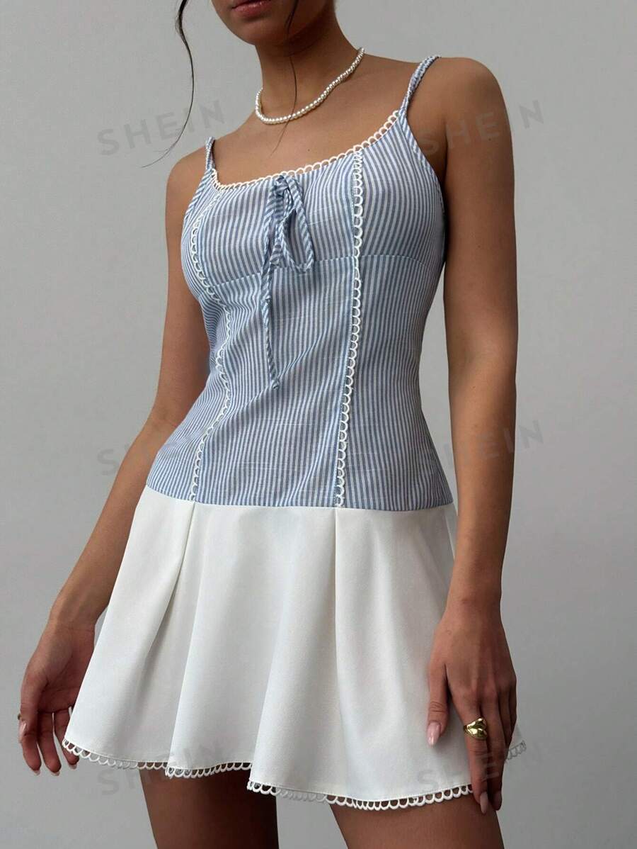Aloruh Minivestido de mujer con camisola de parches y rayas de contraste