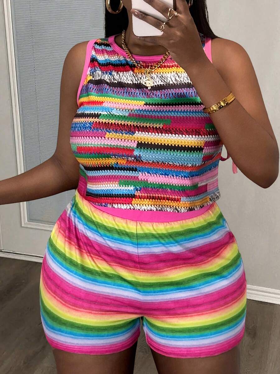 Slaydiva Plus Size Casual Street Style Dzianinowy Pasiasty Nadrukowany Top Bez Rękawów Z Bocznymi Wiązaniami I Dopasowanymi Szorty Damskie Zestaw 2 Sztuk