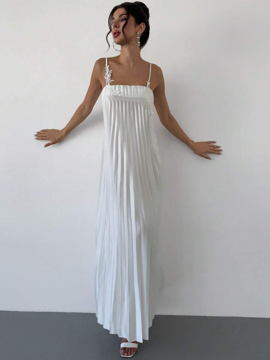 Firerie Women Elegant White Sleeveless Floral Embroidered Pleated Dress, Suitable For Parties And Weddings