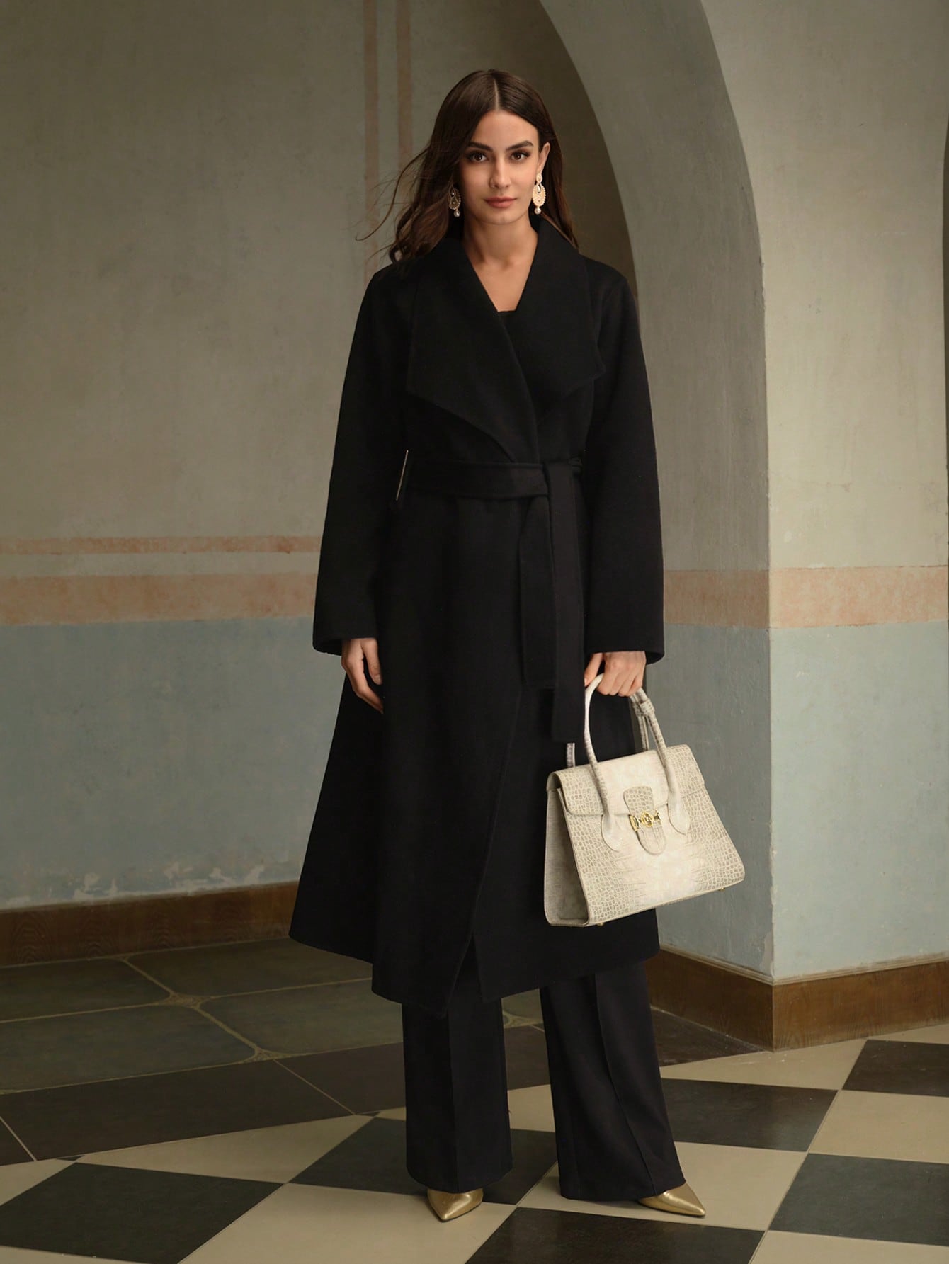 ZEYLAH 100% PURE WOOL SOLID WATERFALL COLLAR BELTED OVERCOAT