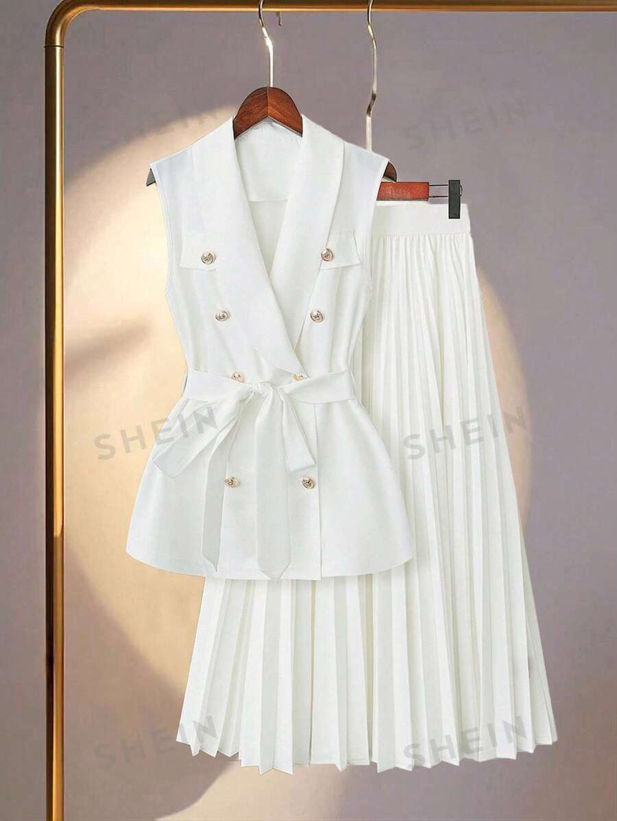 SHEIN Clasi Conjunto traje de chaleco de doble botonadura unicolor y falda plisada para mujer