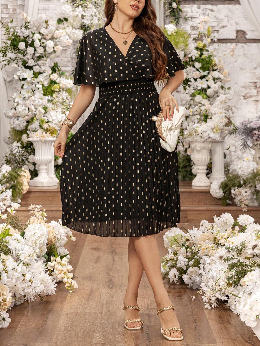 SHEIN Clasi Women's Elegant V-Neck Gold Foil Chiffon Short Sleeve Dress, Spring/Summer