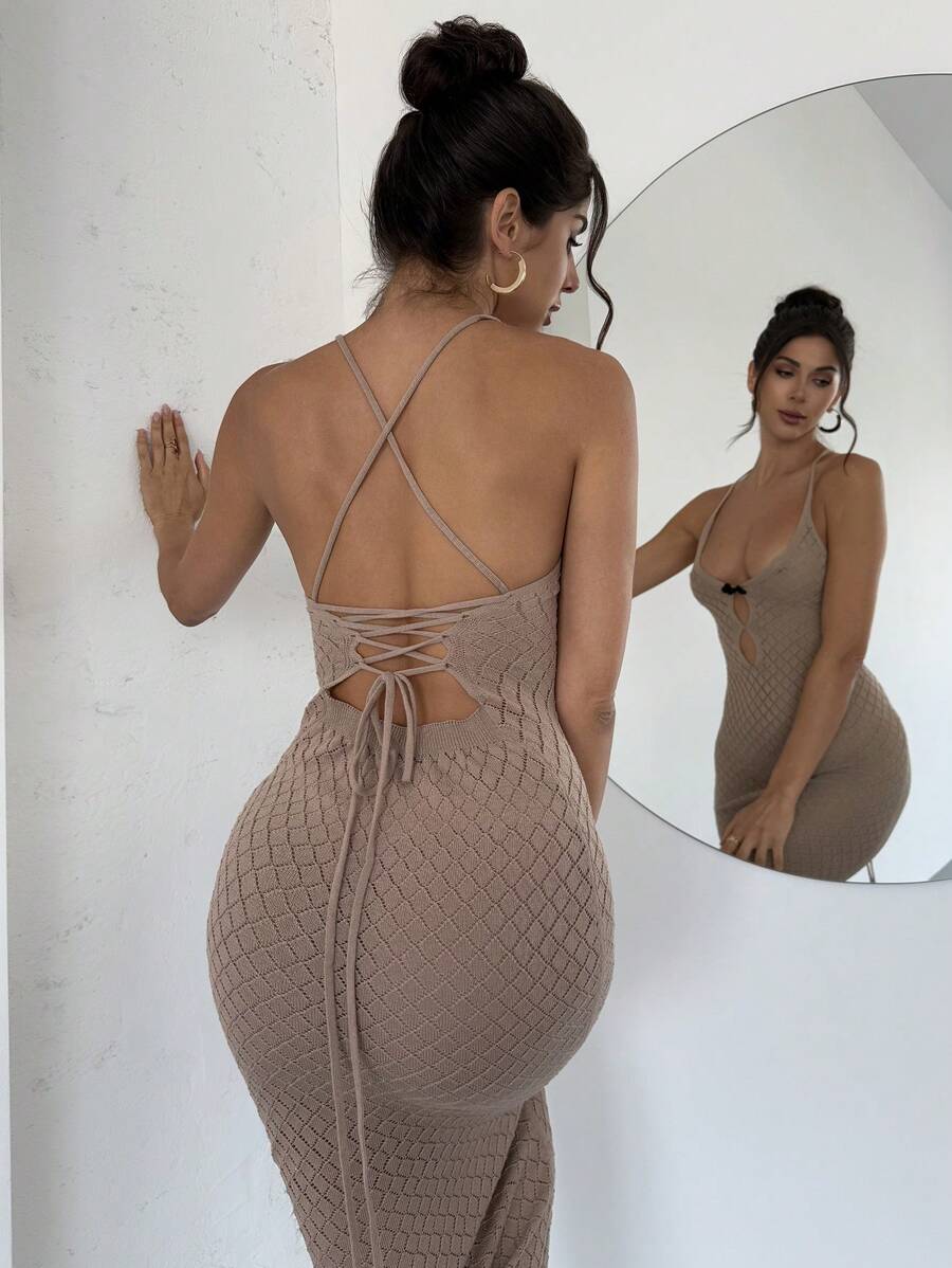 Firerie New Elegant Apricot Deep V-Neck Hollow Out Backless Cross Strap Fitted Crochet Spaghetti Strap Dress, Vacation Style, Spring/Summer Concert Rave Outfit Women