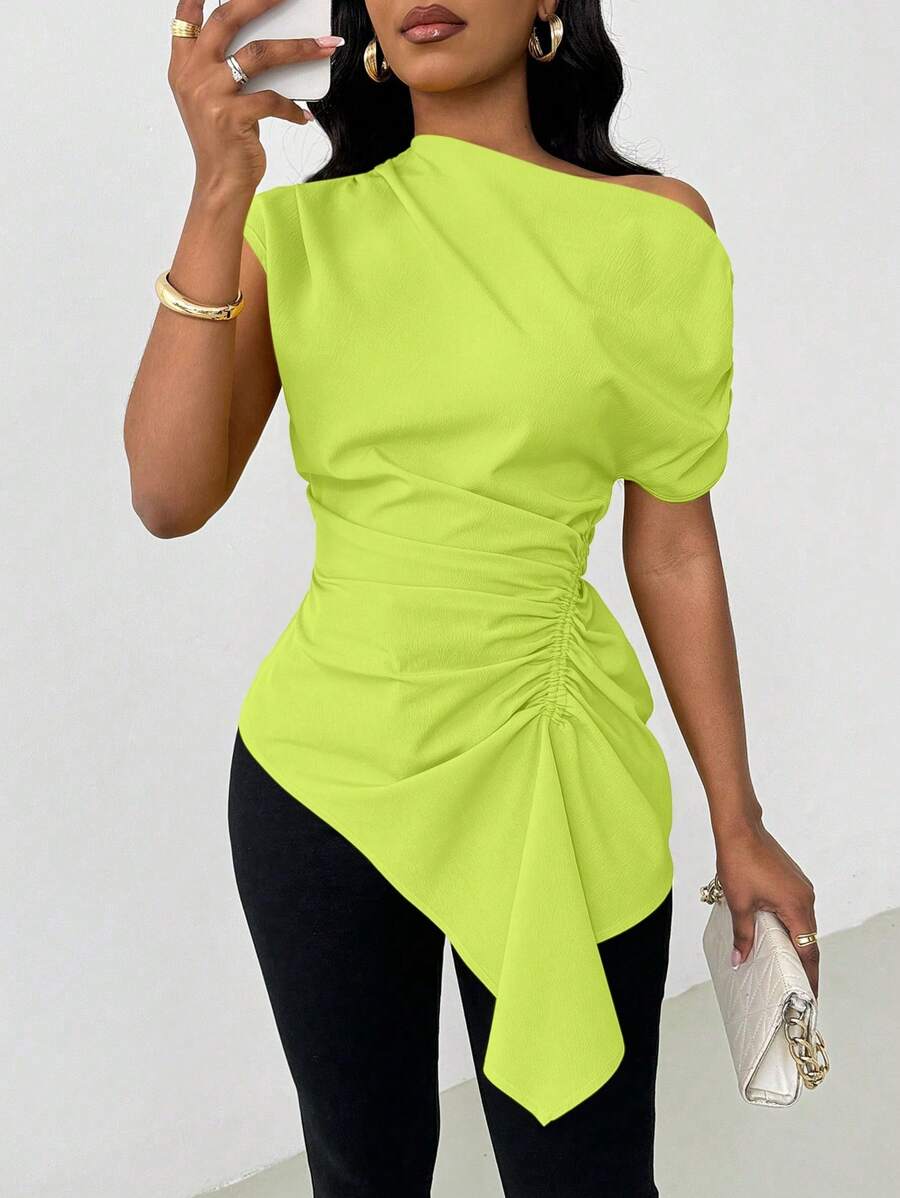 VaVaBold Camicetta di moda da donna con scollo asimmetrico verde fluorescente e arricciatura