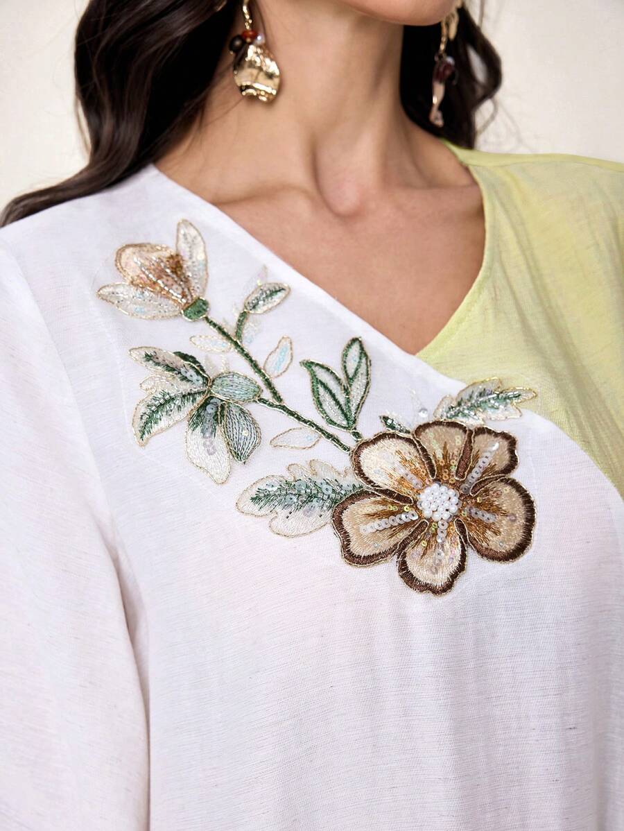 Al Najma Abito da donna stile retrò con maniche lunghe, con applicazioni e patch a contrasto di colore