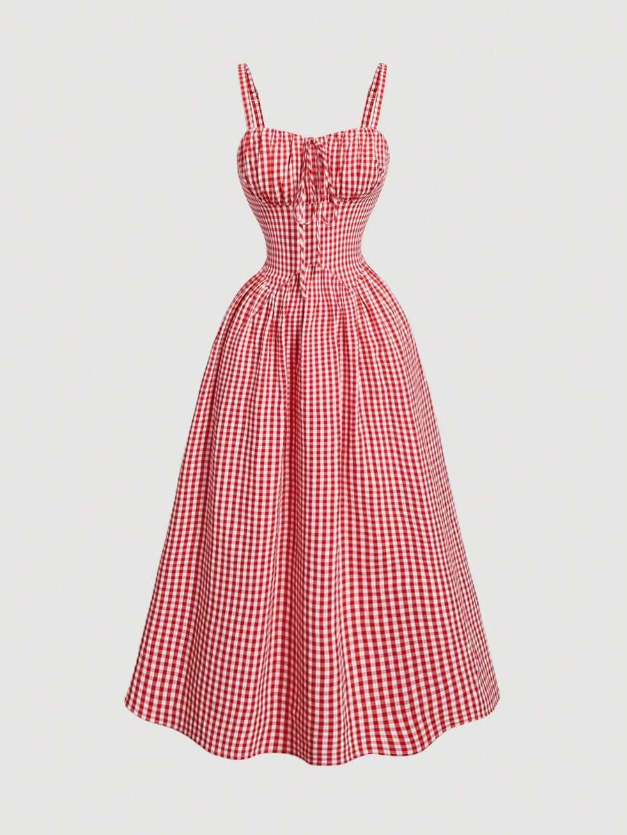 SHEIN MOD Vestido con vuelos de cuadros, lazo, nudo delantero, falda cinturón, para vacaciones tropicales para mujer, vestido elegante rojo