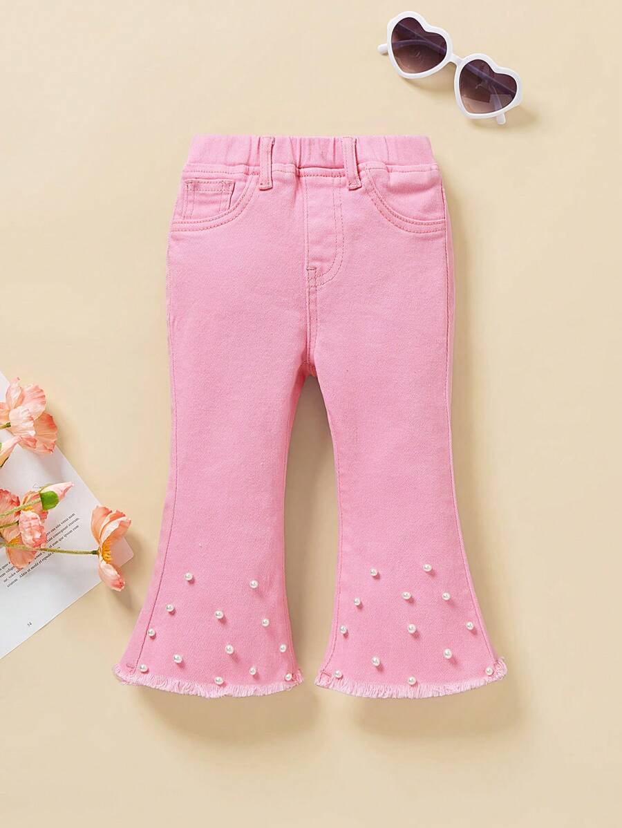 SHEIN Baby Girls' White Studded Blue Denim Elastic Flare Jeans