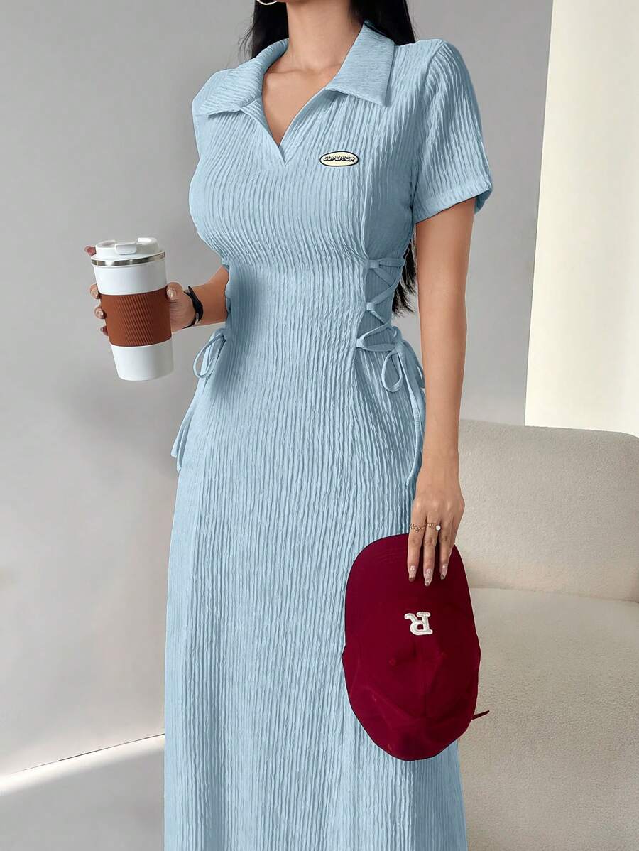 Mulvari Vrouwen Letter Print Turnup Mouw Zij Taille Strik Midi Casual Jurk Maxi Vrouwen Outfit Lange Avondjurken