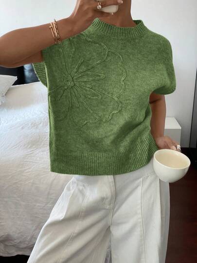 SHEIN Frenchy Women Casual Solid Color 3D Floral Short Sleeve Knitted Top