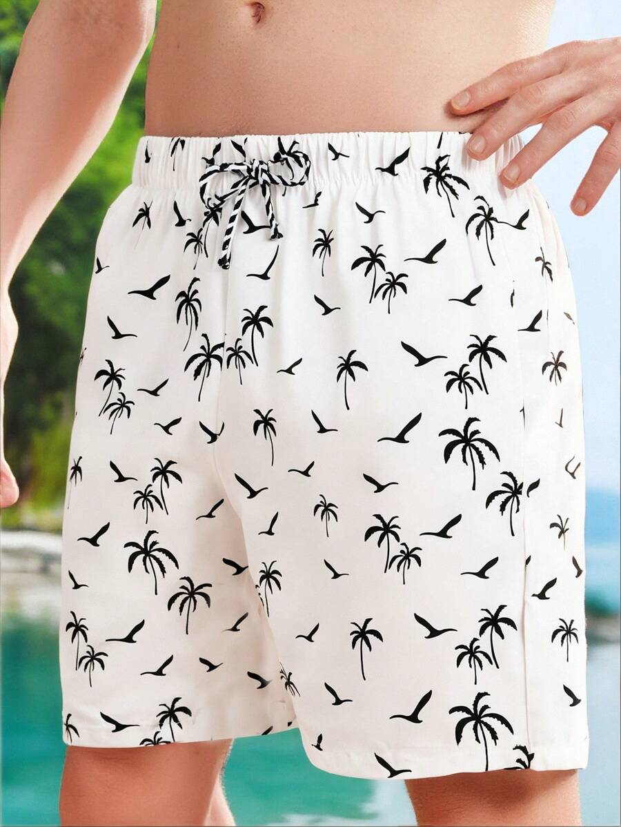 SHEIN Teen Boys White Printed Beach Shorts/Swim Trunks, Perfect For Beach Party, Music Festival, Summer Swimming, Surfing, And Spa