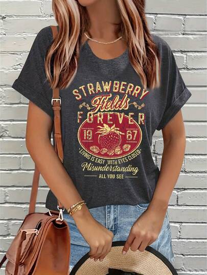 SHEIN LUNE Women's Slim Fit Strawberry Print Round Neck Short Sleeve Casual T-Shirt, Spring/Summer