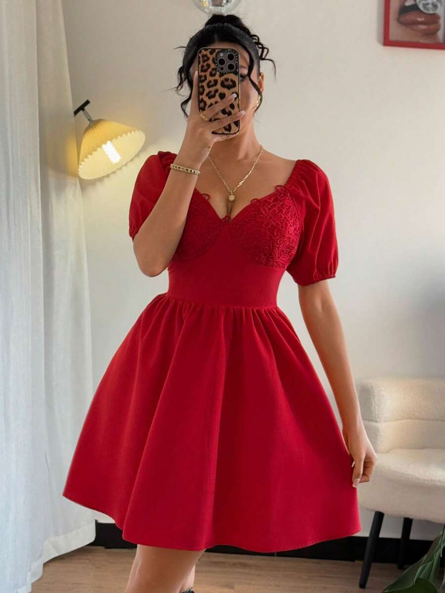 Calvaya Spring/Summer Regular Women Bubble Puff Sleeve Deep V-Neck Lace Wrap Bodice Elegant Sexy Party Dress, Short Red Cocktail Dress For Gala, New Year's Eve, Wedding