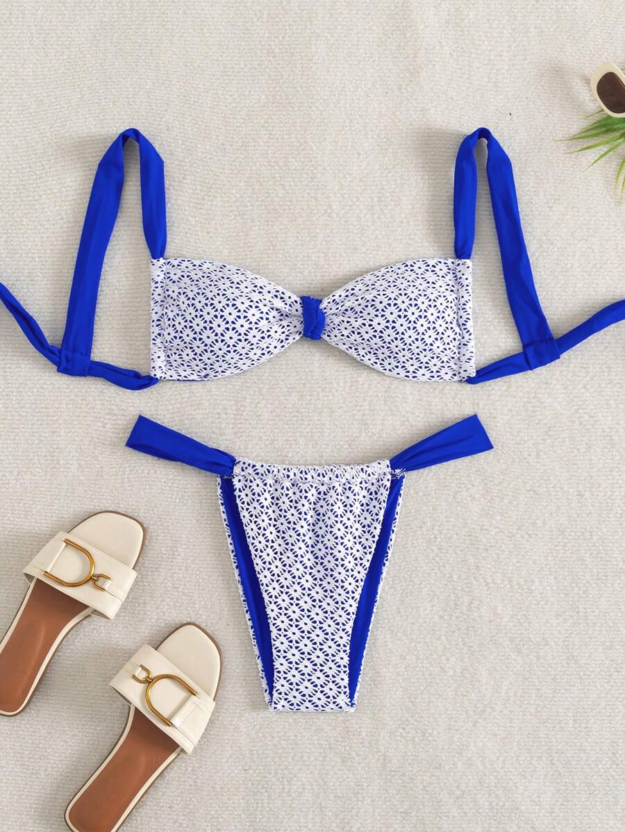 Set da spiaggia estivo da donna, 2 pezzi, top a costine con spalline spaghetti e incrocio lavorato a maglia, abbinato a slip bikini, costume da bagno sexy e abito da spiaggia
