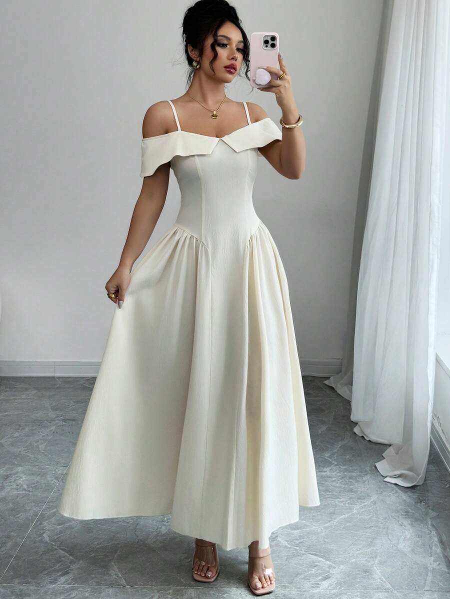 Modelyn Abito lungo elegante da donna con spalle scoperte, in stile A-line, con vita segnata