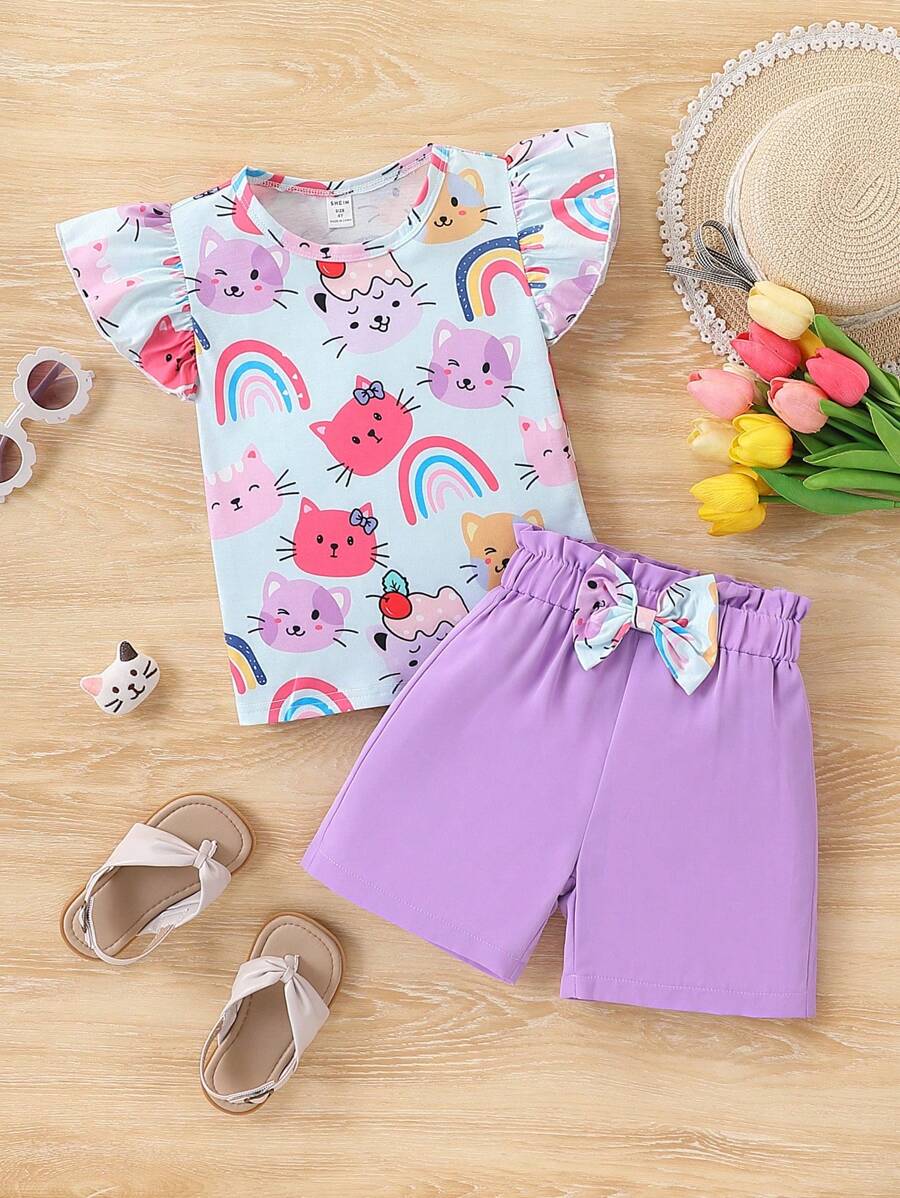 SHEIN 2pcs/Set Young Girls Cute Cat & Rainbow Cartoon Print Short Sleeve T-Shirt Top & Bow Shorts, Casual/Cute/Outdoor, Suitable For School Suitable For Summer