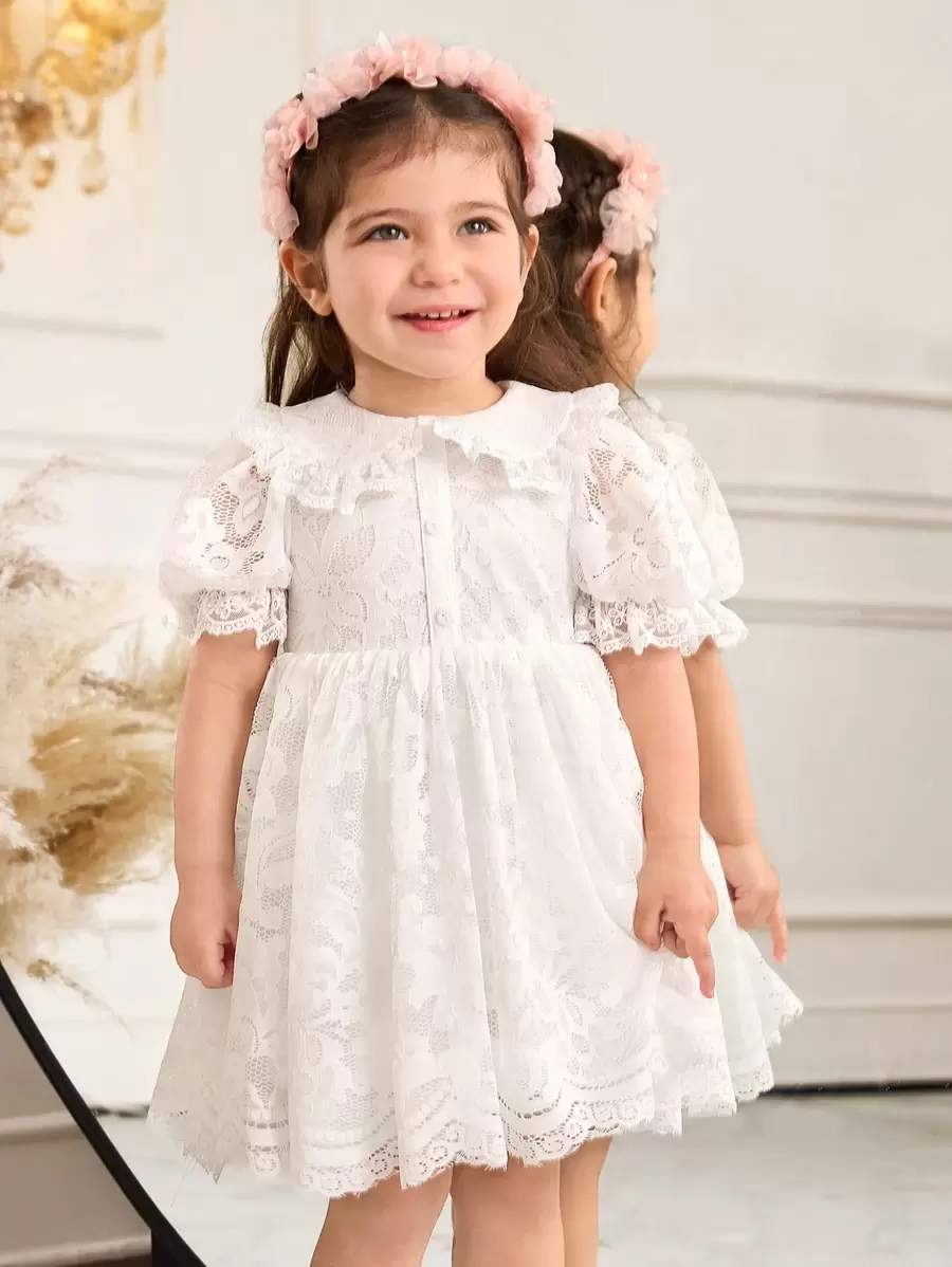 SHEIN Sukienka dla dziewczynki, elegancka, minimalistyczna, słodka, z okrągłym dekoltem i bufiastymi rękawami i falbaniastym kołnierzykiem