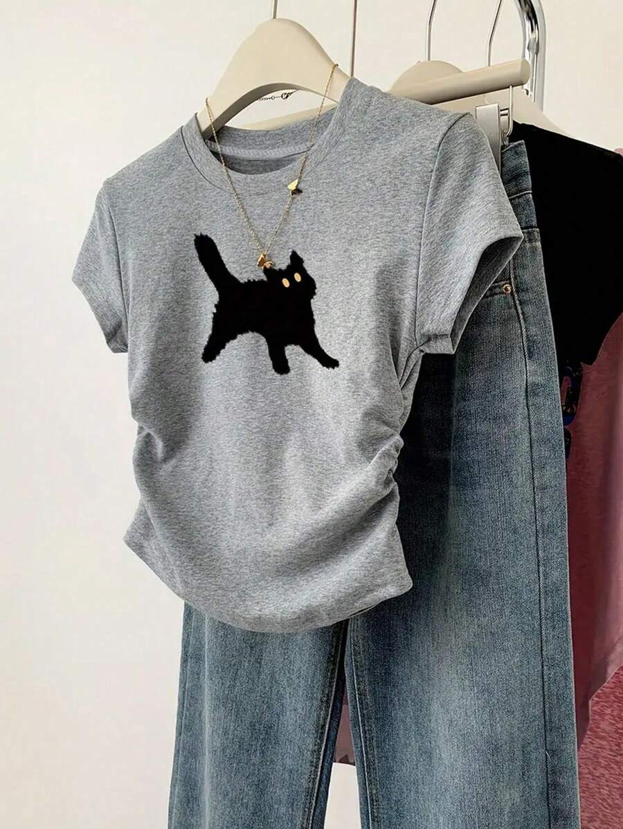 Tween Girls Casual Simple Cat Pattern Taille T-shirt, Veelzijdig