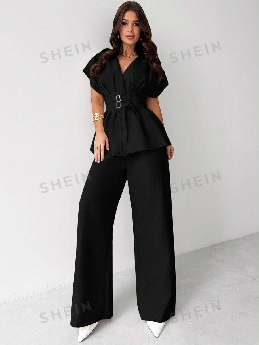 Firerie Nuevo conjunto de traje sastre elegante y sencillo para oficina con cárdigan de fibra de bambú color albaricoque de cuello en V con cintura ceñida y pantalón de pierna ancha de talle alto, conjunto de ropa de trabajo