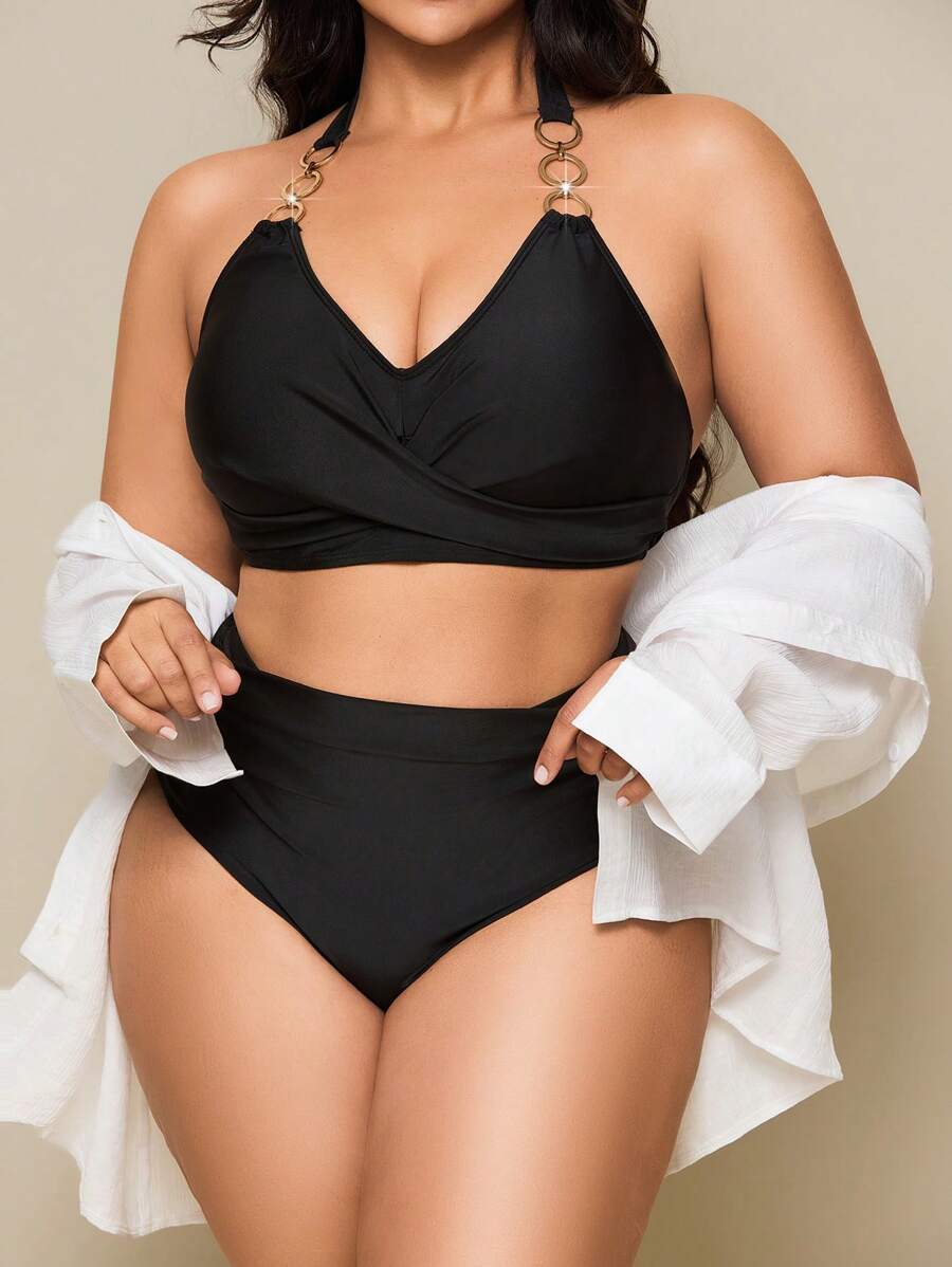 SHEIN Swim Curve Plus Size Women 2 Pieces Neck-Tie Backless Cut-Out High Waist Casual Swimwear