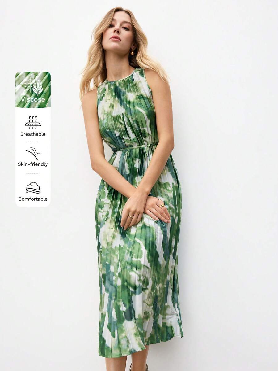 BizChic Vestido de mujer con estampado de teñido anudado verde y blanco, corte halter, plisado, con cinturón, para verano