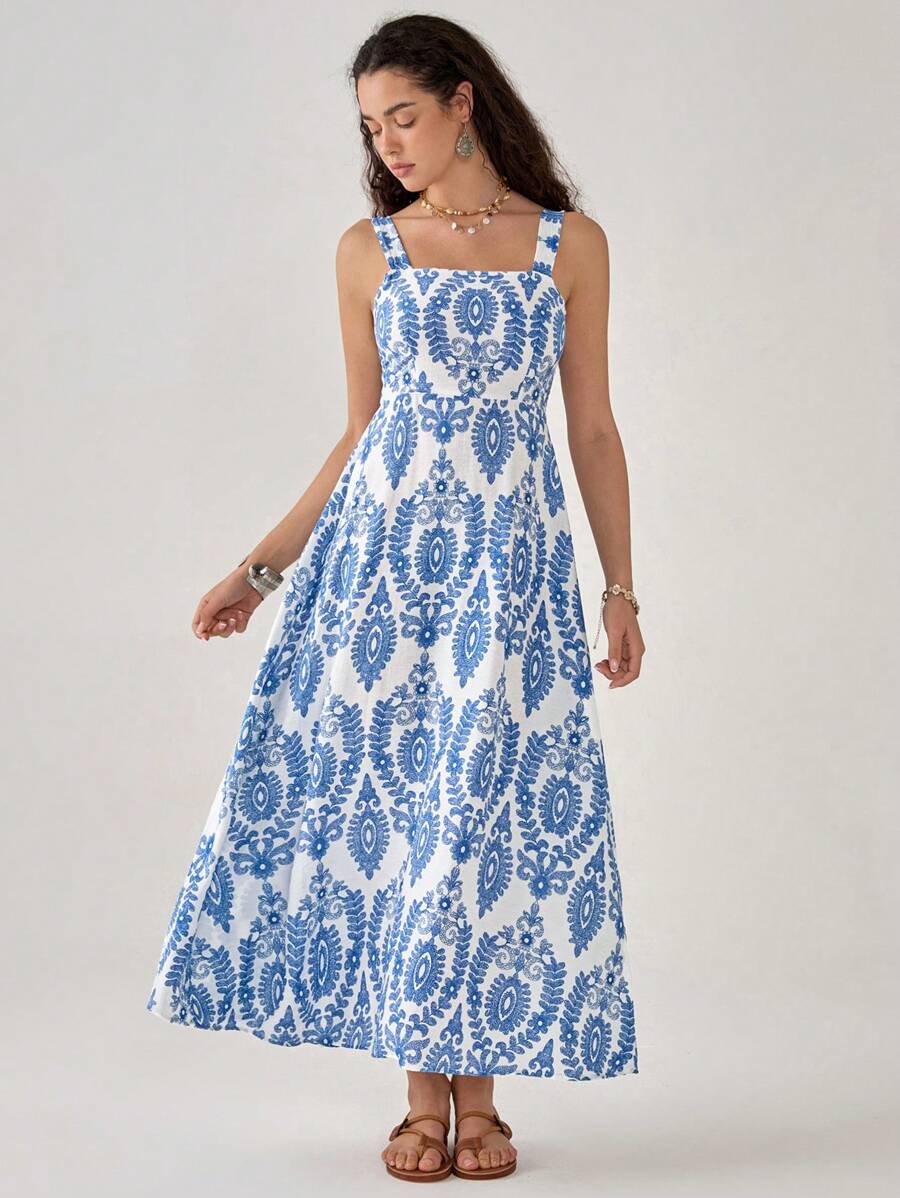 Florisole Blauwe mouwloze vintage printjurk voor dames voor de zomer