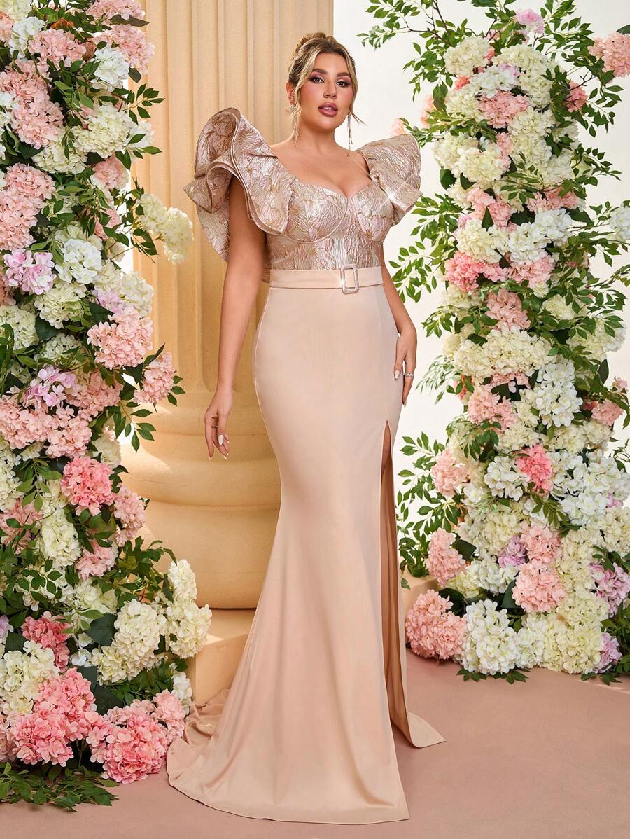 Glamrae Plus Size Elegante Luxe Formele Jurk, Bruiloftsgastjurk Met Overdreven Geplooide Kraag, Getailleerde Taille, Jacquardstof, Contrasterende Panelen, Hoge Split, En Uitlopende Sleepzoom, Geschikt Voor Avondbanket, Feestjurk