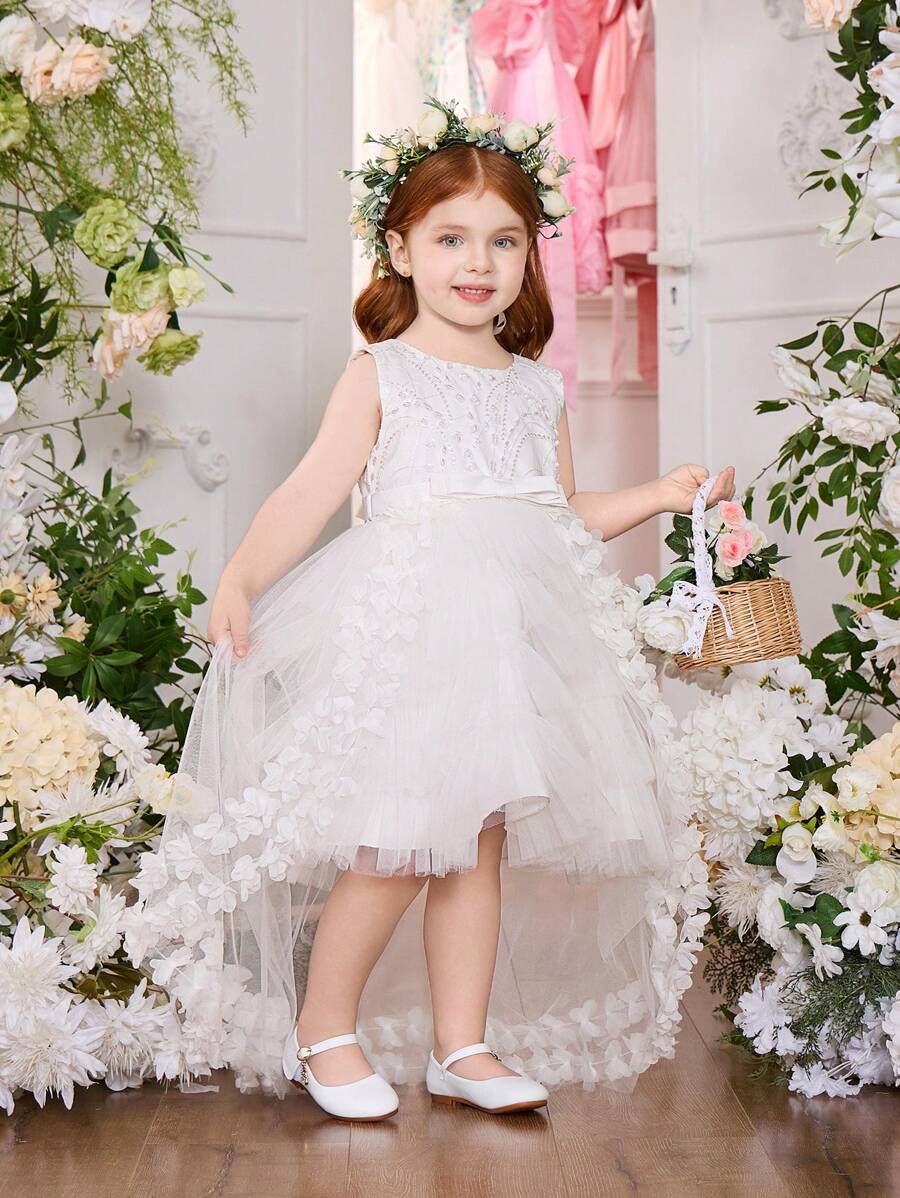 SHEIN Glamorique Kids Vestido de princesa sin mangas de unicolor con lazo en la cintura, falda de tul bordada tipo pastel, adecuado para bodas y fiestas formales