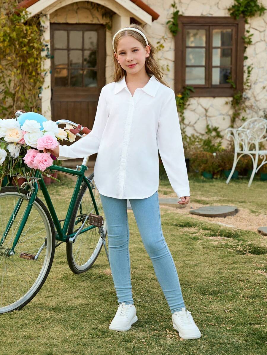 Camisa de manga larga de unicolor versátil informal para niñas preadolescentes