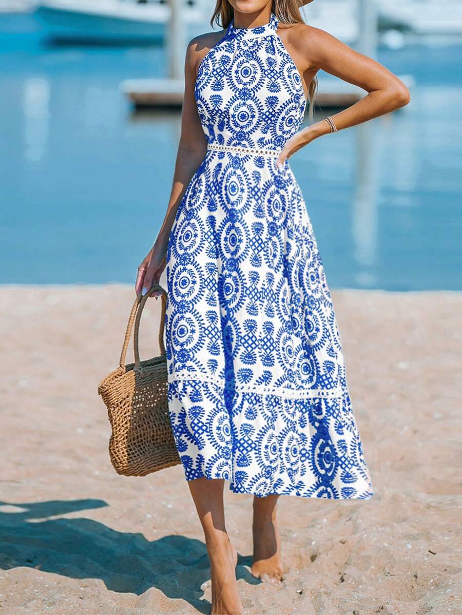 Breezaya Women's Vacation Plant Print Casual Halter Midi Dress