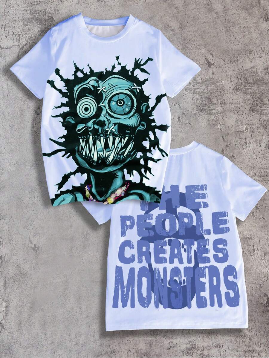 SHEIN Tween Boy 'The People Creates Monster 'Graphic Round Neck Short Sleeve Blue T-Shirt