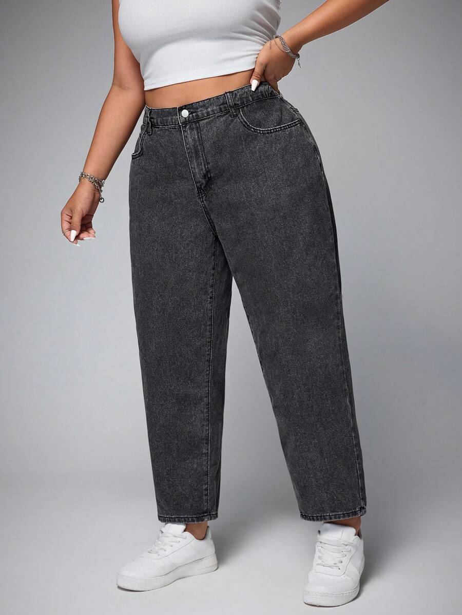 SHEIN EZwear Plus Size Casual Washed High Waist Tapered Leg Jeans