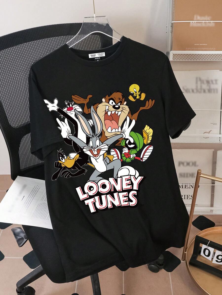 LOONEY TUNES X SHEIN Men's Cartoon Animal & Letter Print Short Sleeve T-Shirt