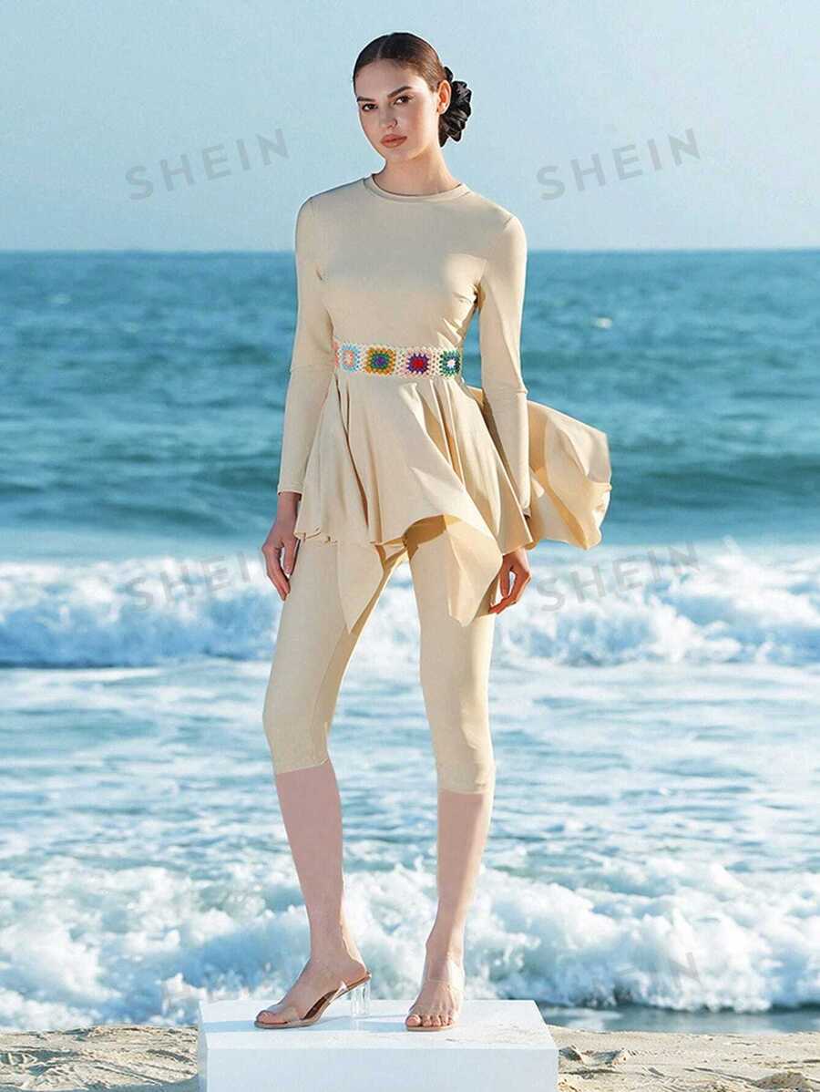 Swim Shayni Conjunto de 2 piezas de ropa de playa para mujer de vacaciones, con Top de cuello redondo de manga larga y pantalón de cintura trenzada con efecto tie-dye, traje burkini de vacaciones de estilo bohemio árabe para festivales